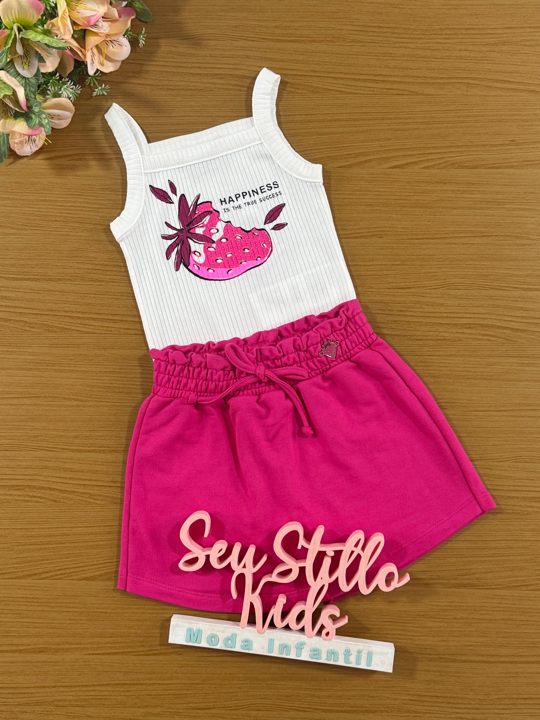 Conjunto Infantil Momi Verão Shorts Saia Rosa e Regata Morango