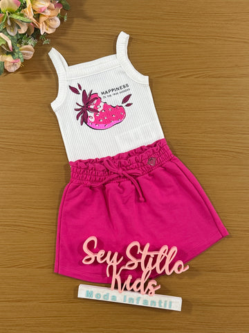 Conjunto Infantil Momi Verão Shorts Saia Rosa e Regata Morango
