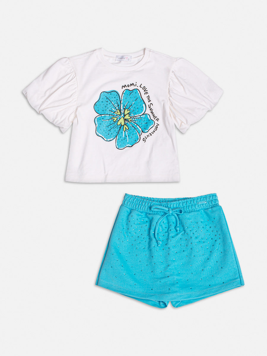 Conjunto Infantil Momi Verão Shorts Saia Azul e Blusa Flor