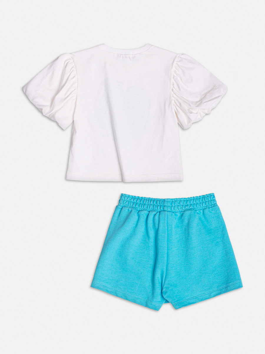 Conjunto Infantil Momi Verão Shorts Saia Azul e Blusa Flor
