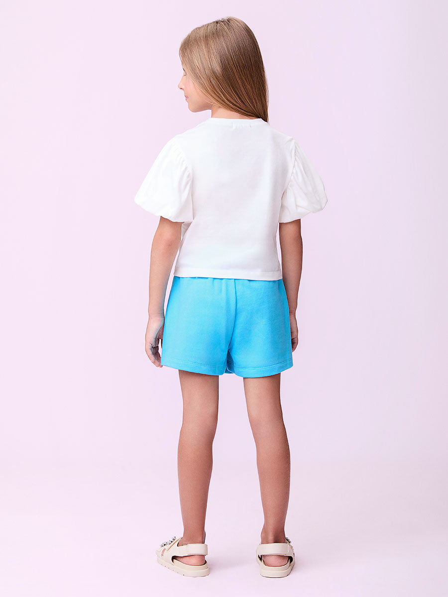 Conjunto Infantil Momi Verão Shorts Saia Azul e Blusa Flor