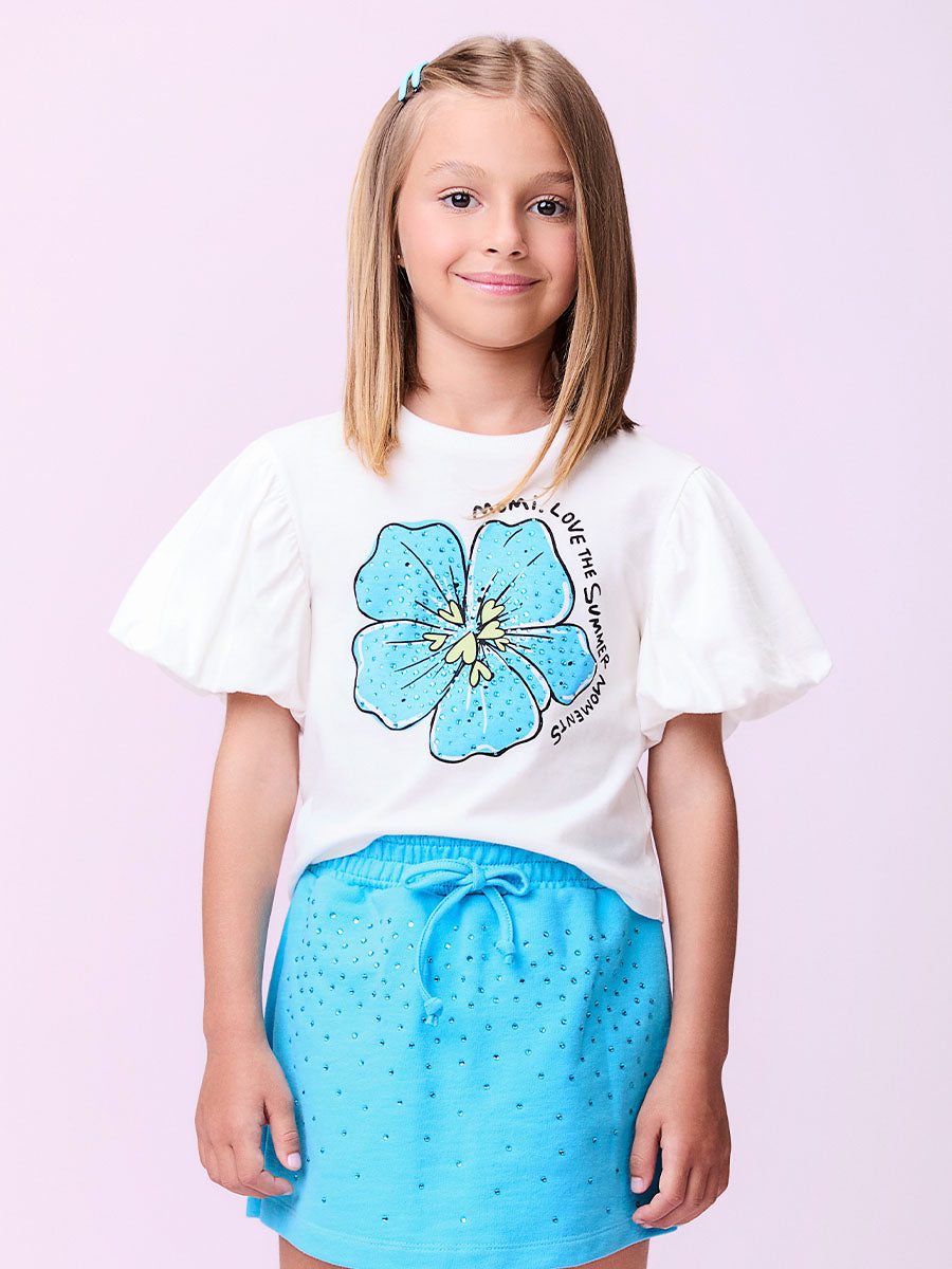 Conjunto Infantil Momi Verão Shorts Saia Azul e Blusa Flor