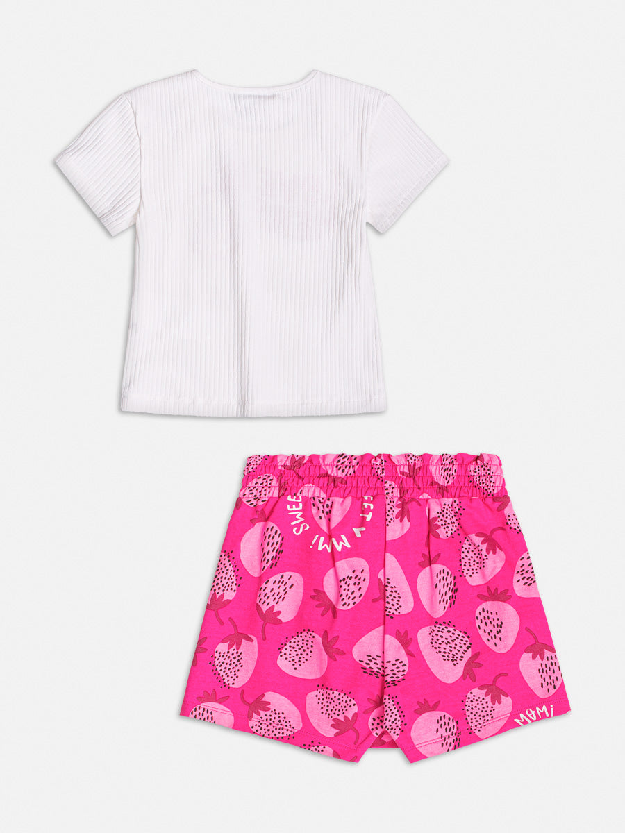Conjunto Infantil Momi Verão Shorts Saia Rosa Morango e Blusa Canelada