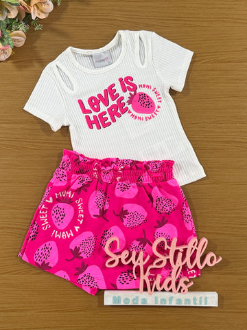 Conjunto Infantil Momi Verão Shorts Saia Rosa Morango e Blusa Canelada