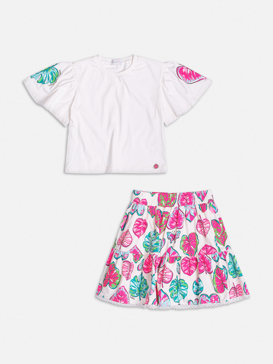 Conjunto Infantil Momi Verão Saia Folhas e Blusa Off