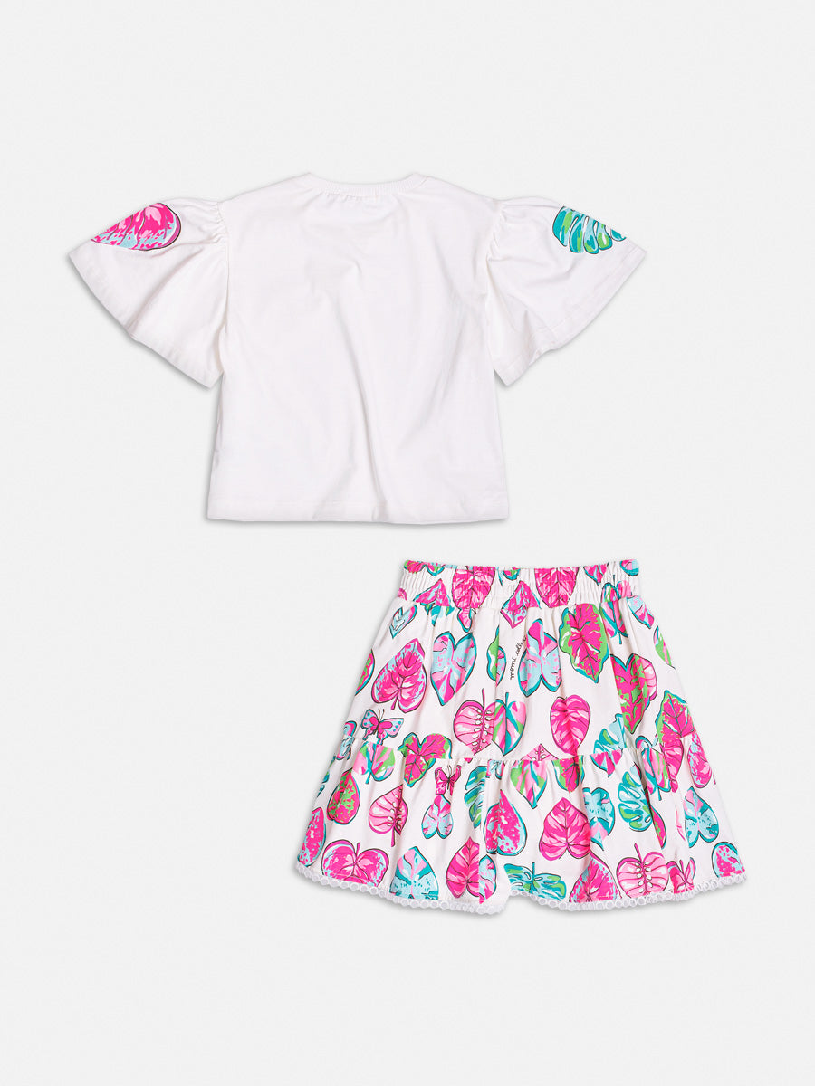 Conjunto Infantil Momi Verão Saia Folhas e Blusa Off