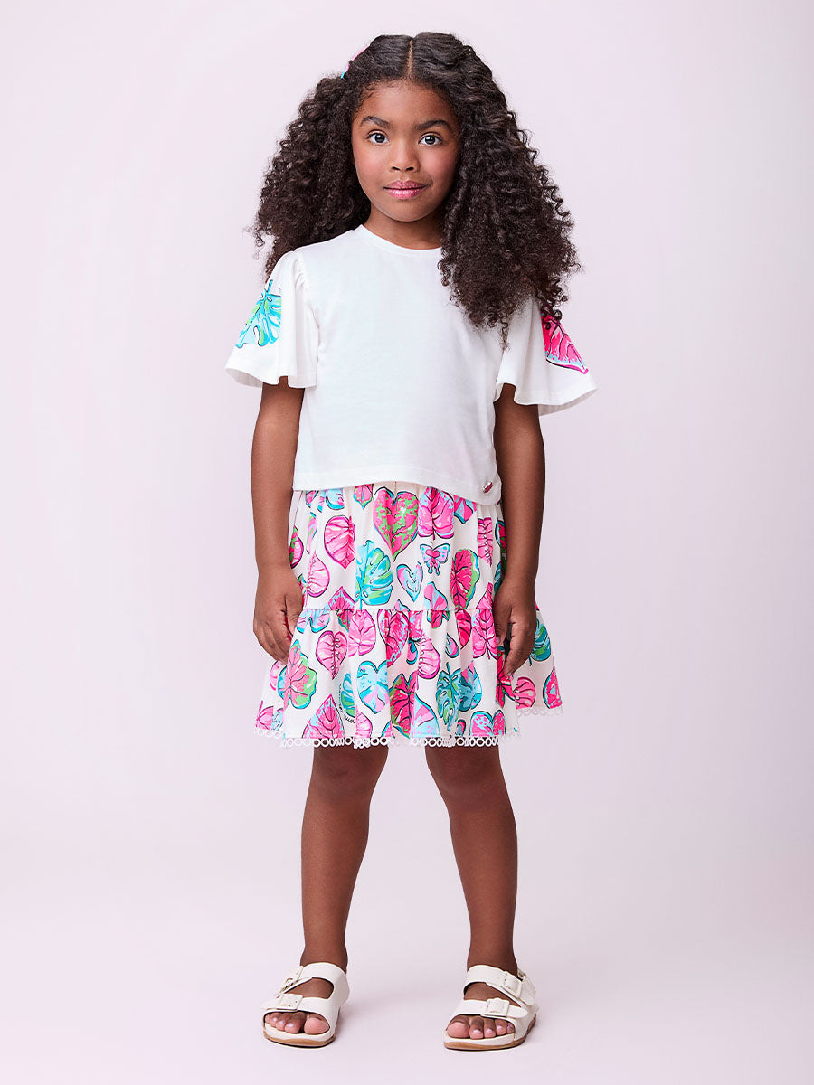 Conjunto Infantil Momi Verão Saia Folhas e Blusa Off