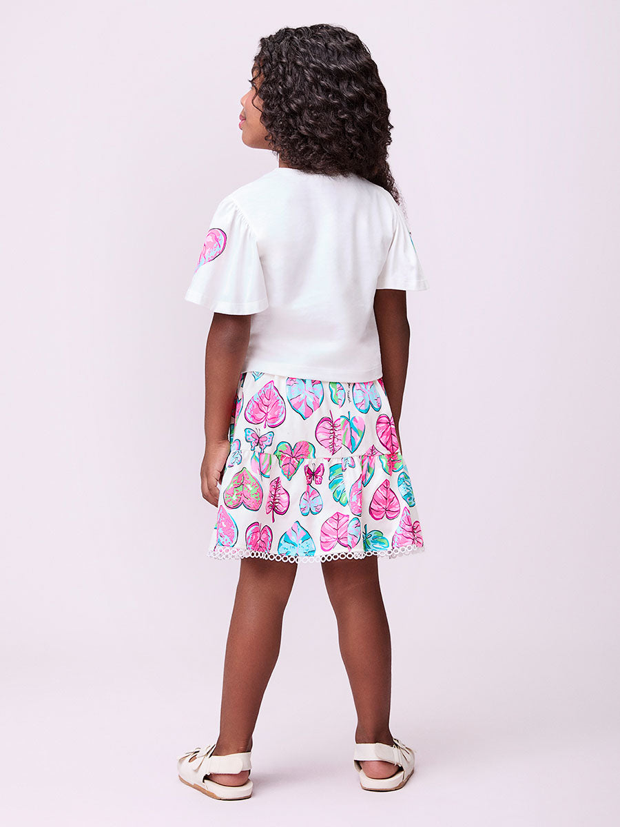 Conjunto Infantil Momi Verão Saia Folhas e Blusa Off