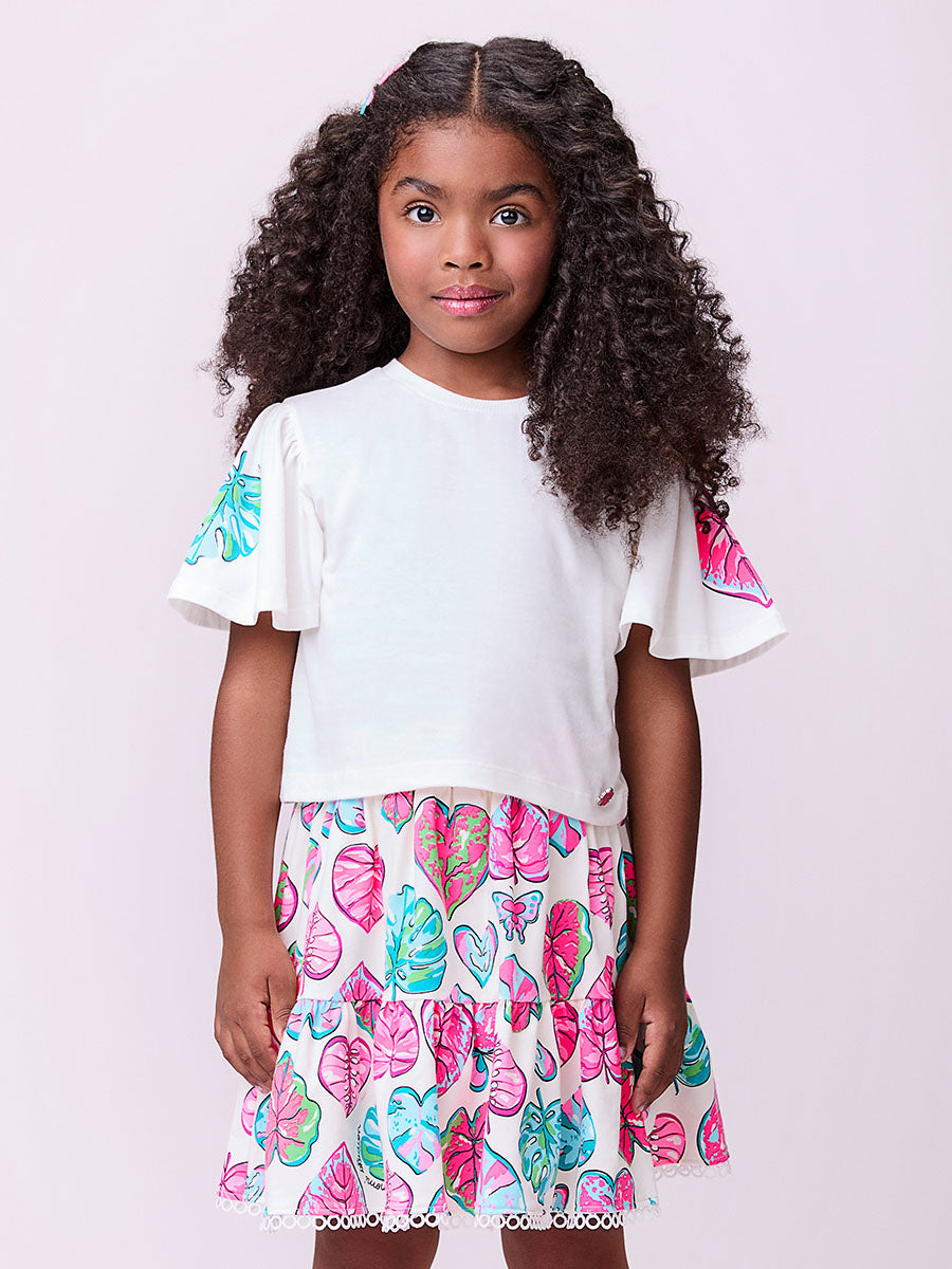 Conjunto Infantil Momi Verão Saia Folhas e Blusa Off