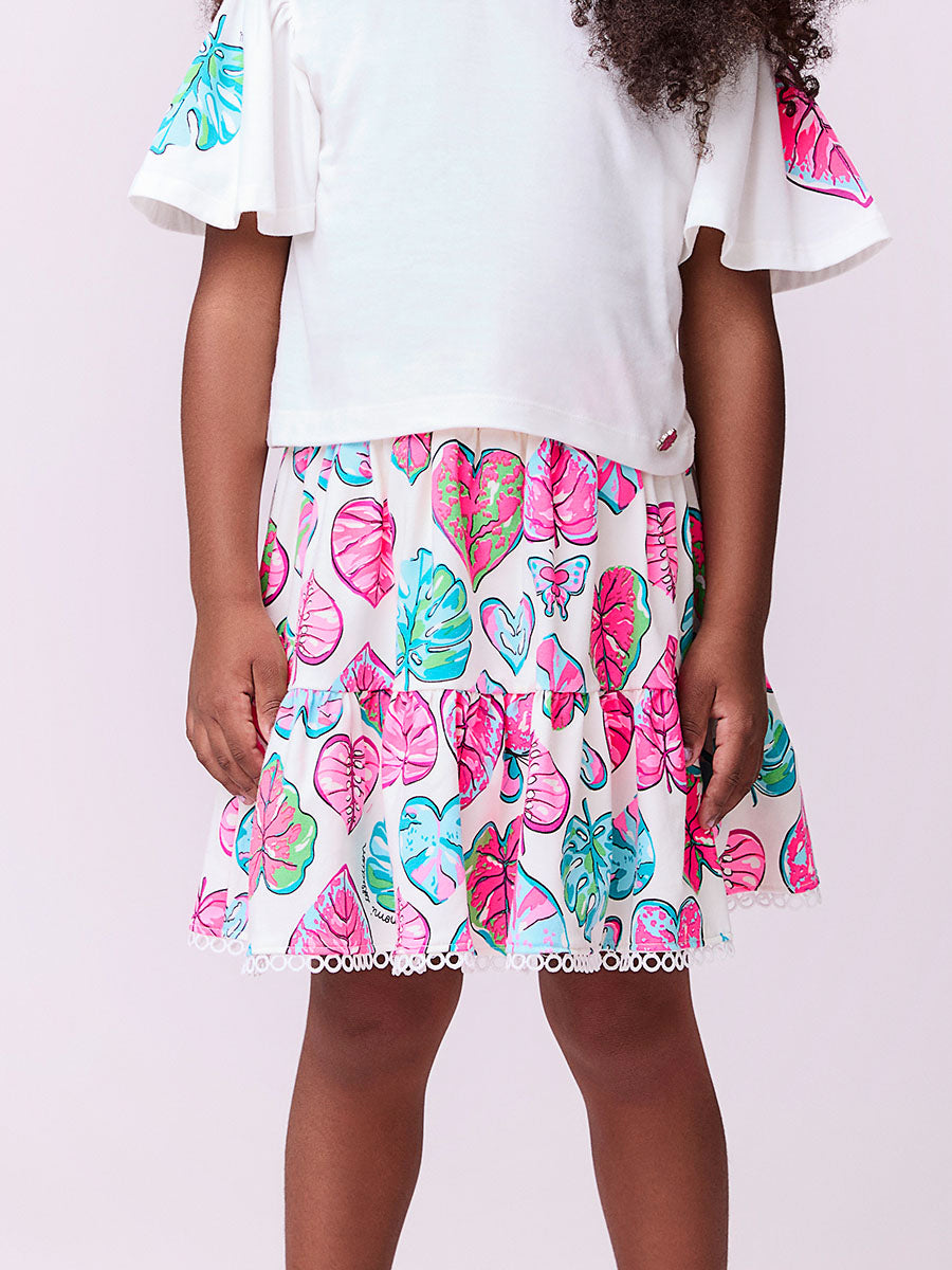 Conjunto Infantil Momi Verão Saia Folhas e Blusa Off