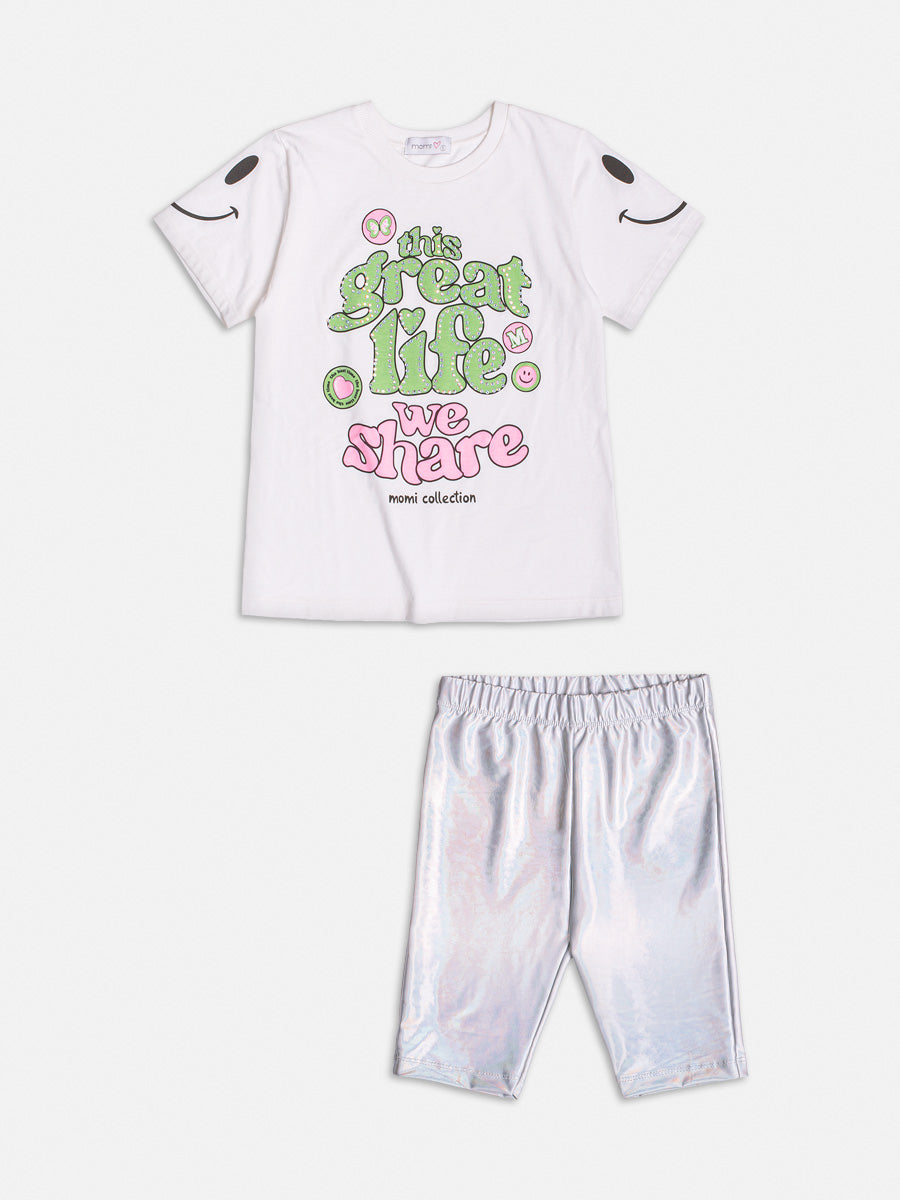 Conjunto Infantil Momi Verão Shorts Ciclista Holográfico Blusa Smile