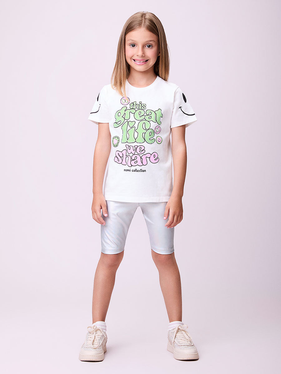 Conjunto Infantil Momi Verão Shorts Ciclista Holográfico Blusa Smile