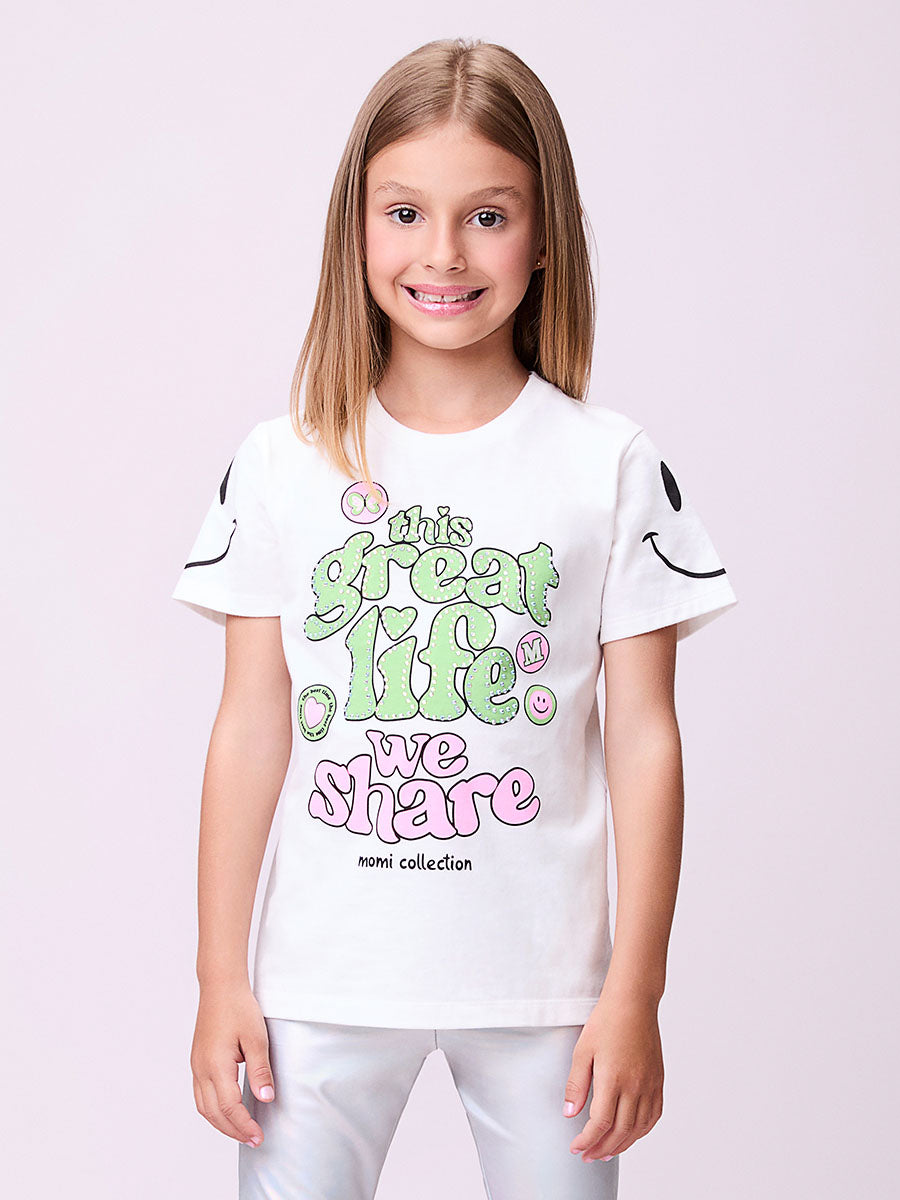 Conjunto Infantil Momi Verão Shorts Ciclista Holográfico Blusa Smile