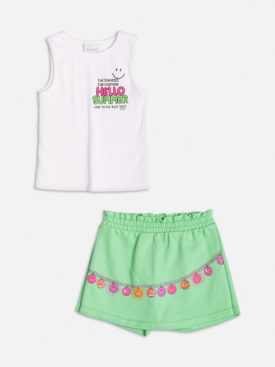 Conjunto Infantil Momi Verão Shorts Saia Verde e Regata Summer