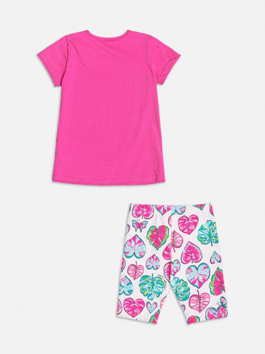 Conjunto Infantil Momi Verão Com Shorts Ciclista e Blusa Rosa Folhas