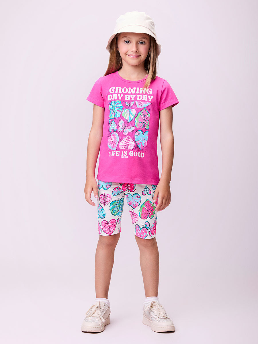 Conjunto Infantil Momi Verão Com Shorts Ciclista e Blusa Rosa Folhas