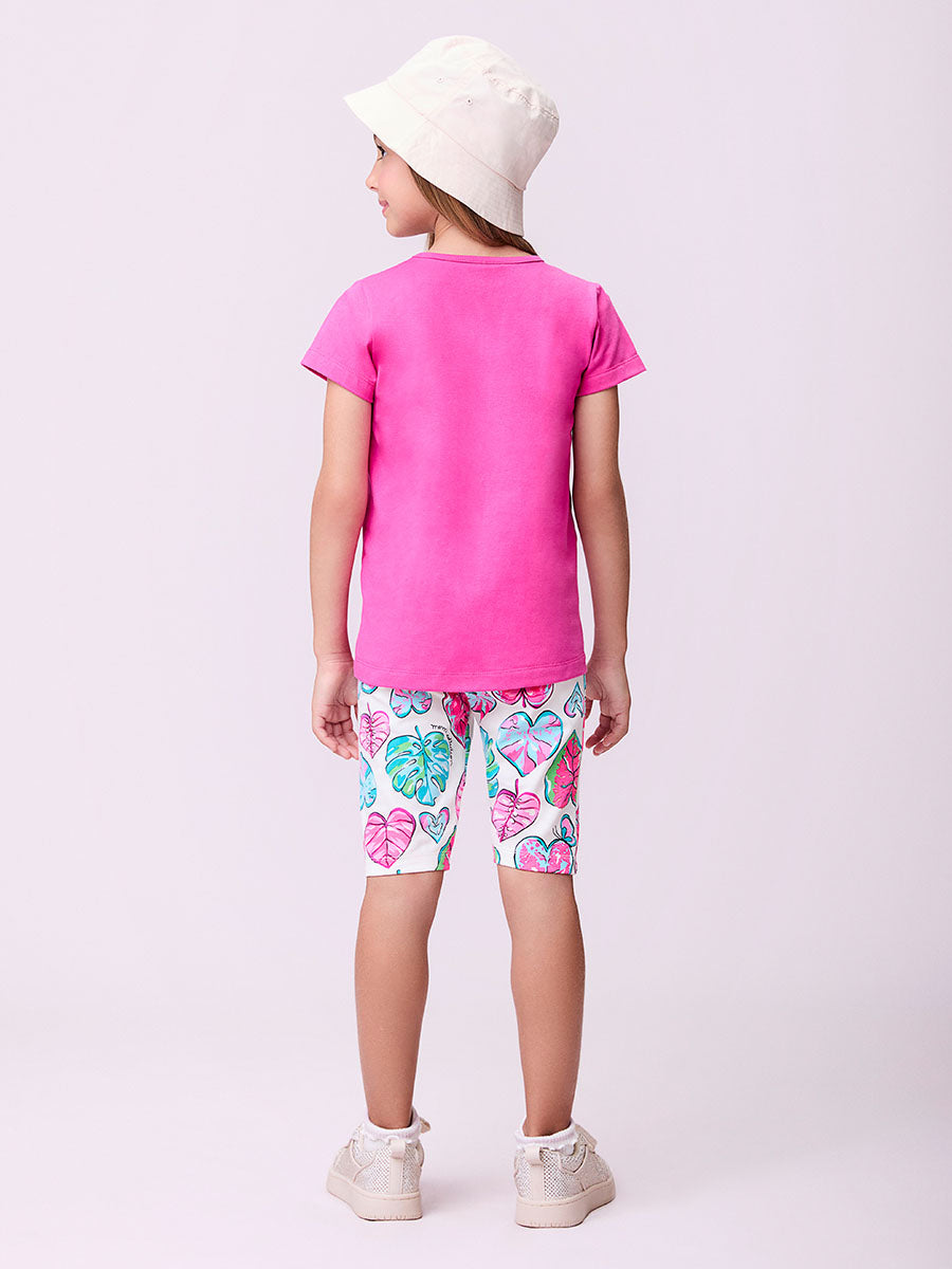 Conjunto Infantil Momi Verão Com Shorts Ciclista e Blusa Rosa Folhas