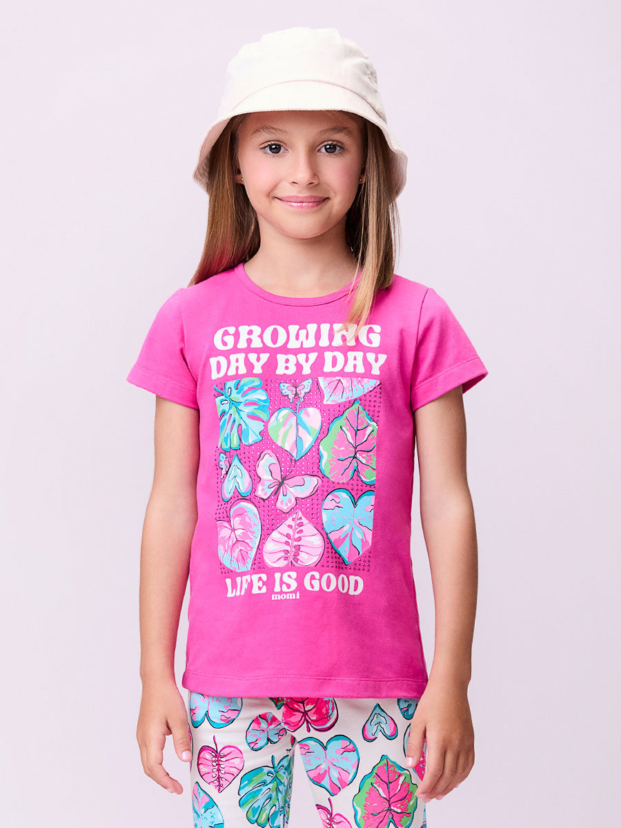 Conjunto Infantil Momi Verão Com Shorts Ciclista e Blusa Rosa Folhas