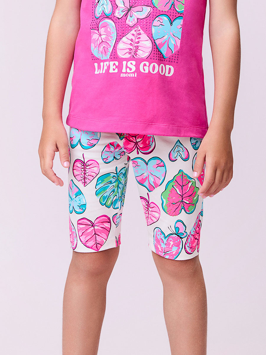 Conjunto Infantil Momi Verão Com Shorts Ciclista e Blusa Rosa Folhas