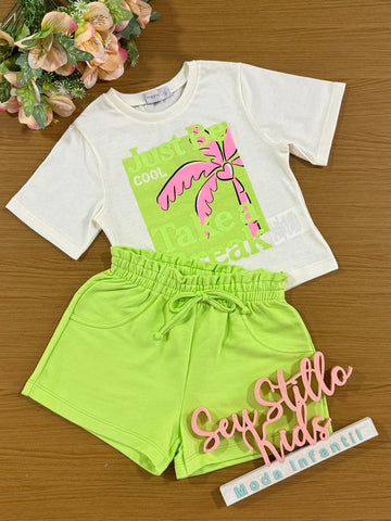 Conjunto Infantil Momi Verão Shorts Verde e Blusa Coqueiro