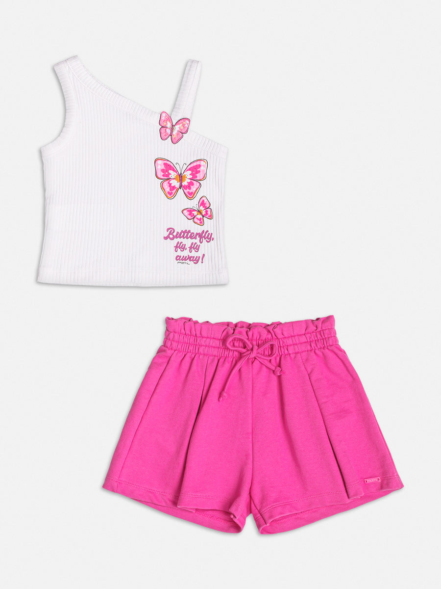 Conjunto Infantil Momi Verão Shorts Rosa e Blusa  Canelada Borboleta