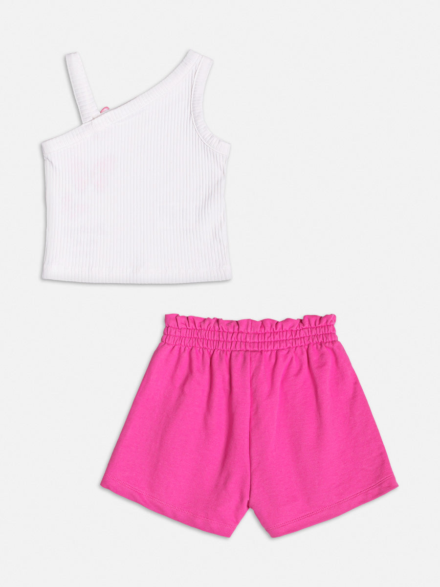 Conjunto Infantil Momi Verão Shorts Rosa e Blusa  Canelada Borboleta