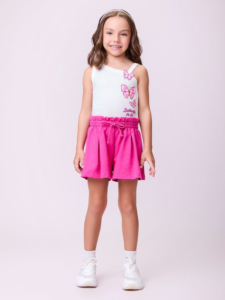 Conjunto Infantil Momi Verão Shorts Rosa e Blusa  Canelada Borboleta