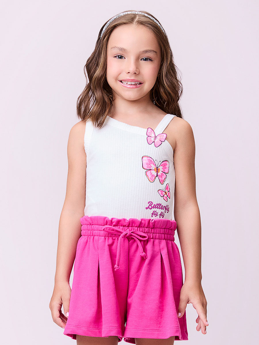 Conjunto Infantil Momi Verão Shorts Rosa e Blusa  Canelada Borboleta