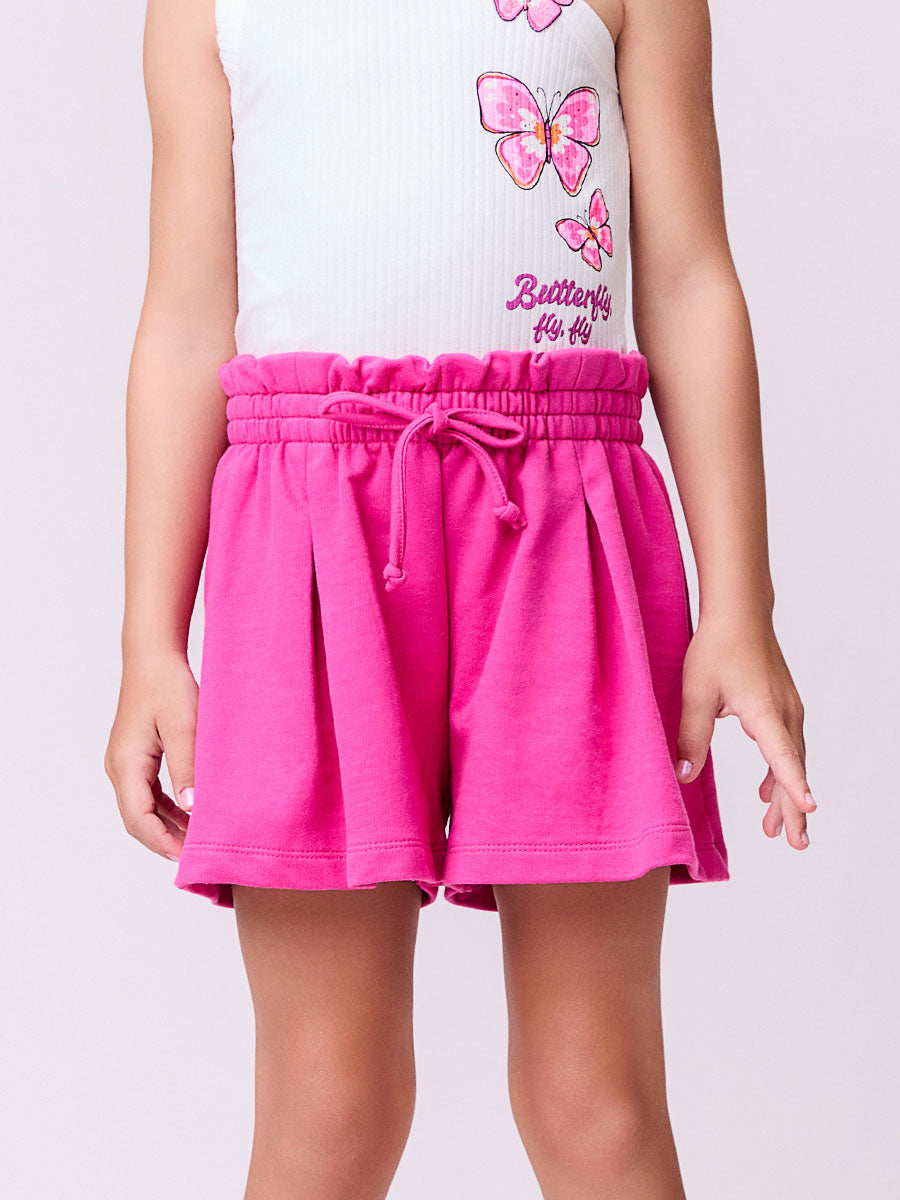Conjunto Infantil Momi Verão Shorts Rosa e Blusa  Canelada Borboleta