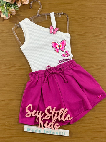 Conjunto Infantil Momi Verão Shorts Rosa e Blusa  Canelada Borboleta
