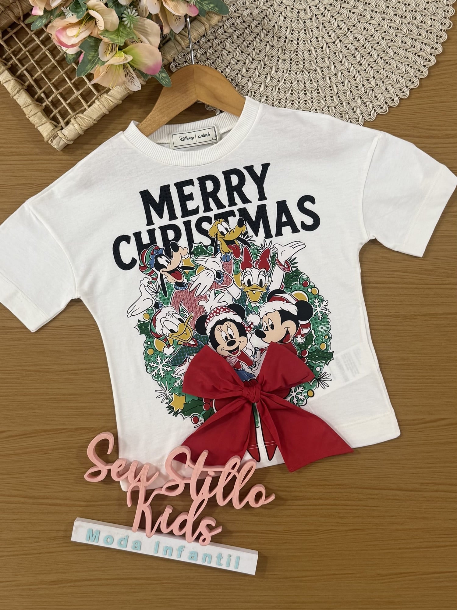 Blusa Infantil Animê Verão Branca Mickey e Amigos Natal Disney