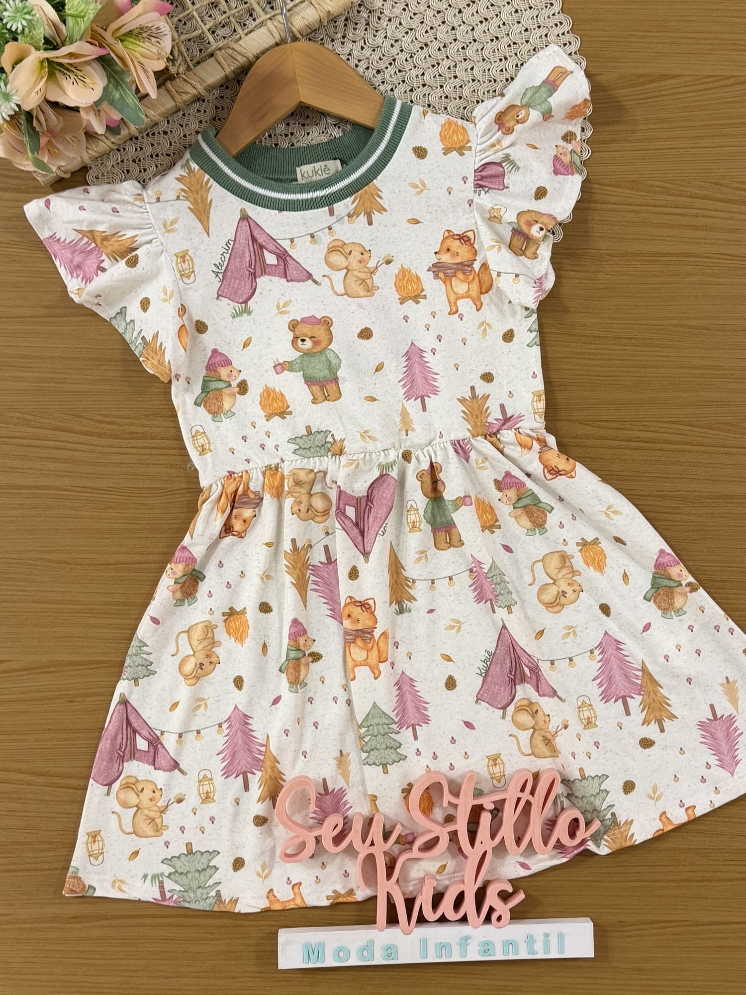 Vestido Infantil Kukiê Inverno Off White Animais na Floresta