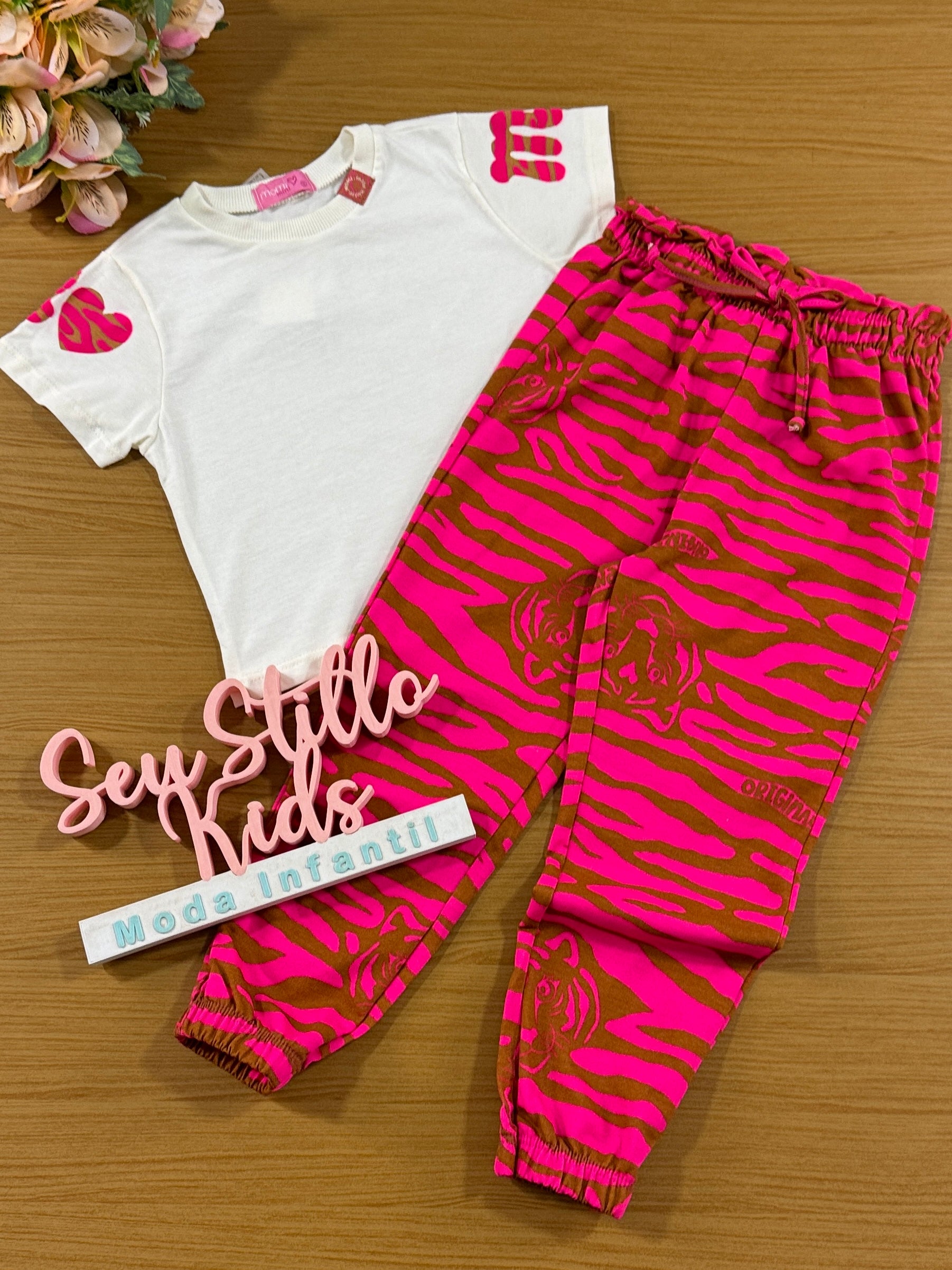 Conjunto Infantil Momi Inverno Calça Rosa Tigre e Blusa Manga Curta
