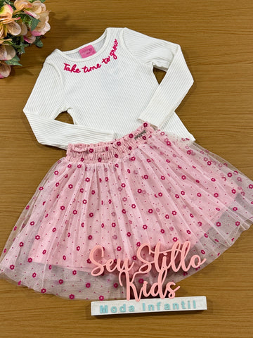 Conjunto Infantil Momi Inverno Saia Florzinhas e Blusa Manga Longa Branca