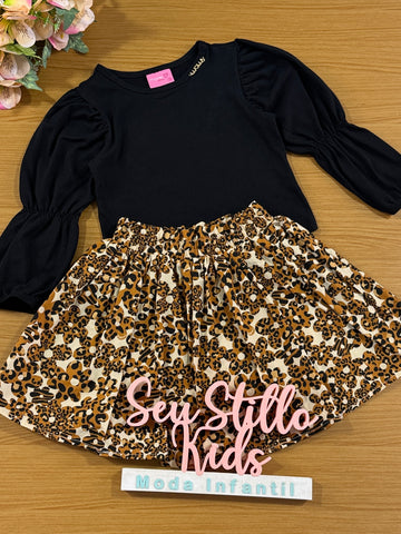 Conjunto Infantil Momi Inverno Saia Oncinha Floral e Blusa Preta