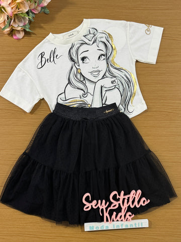 Conjunto Infantil Animê Inverno Saia Preta e Blusa Manga Curta Bella Disney