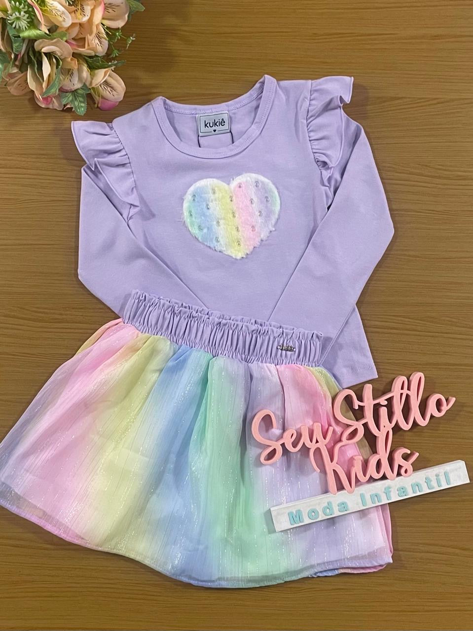 Conjunto Infantil Kukie Inverno Saia Colorida e Blusa Manga Longa Lilás Coração