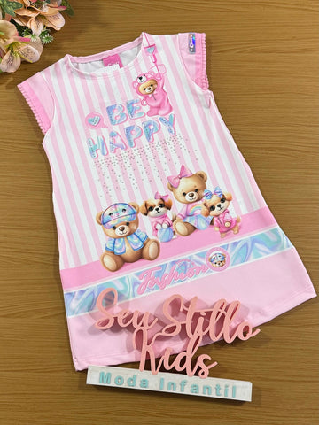 Vestido Infantil Cinti Verão Rosa Ursinhos Happy