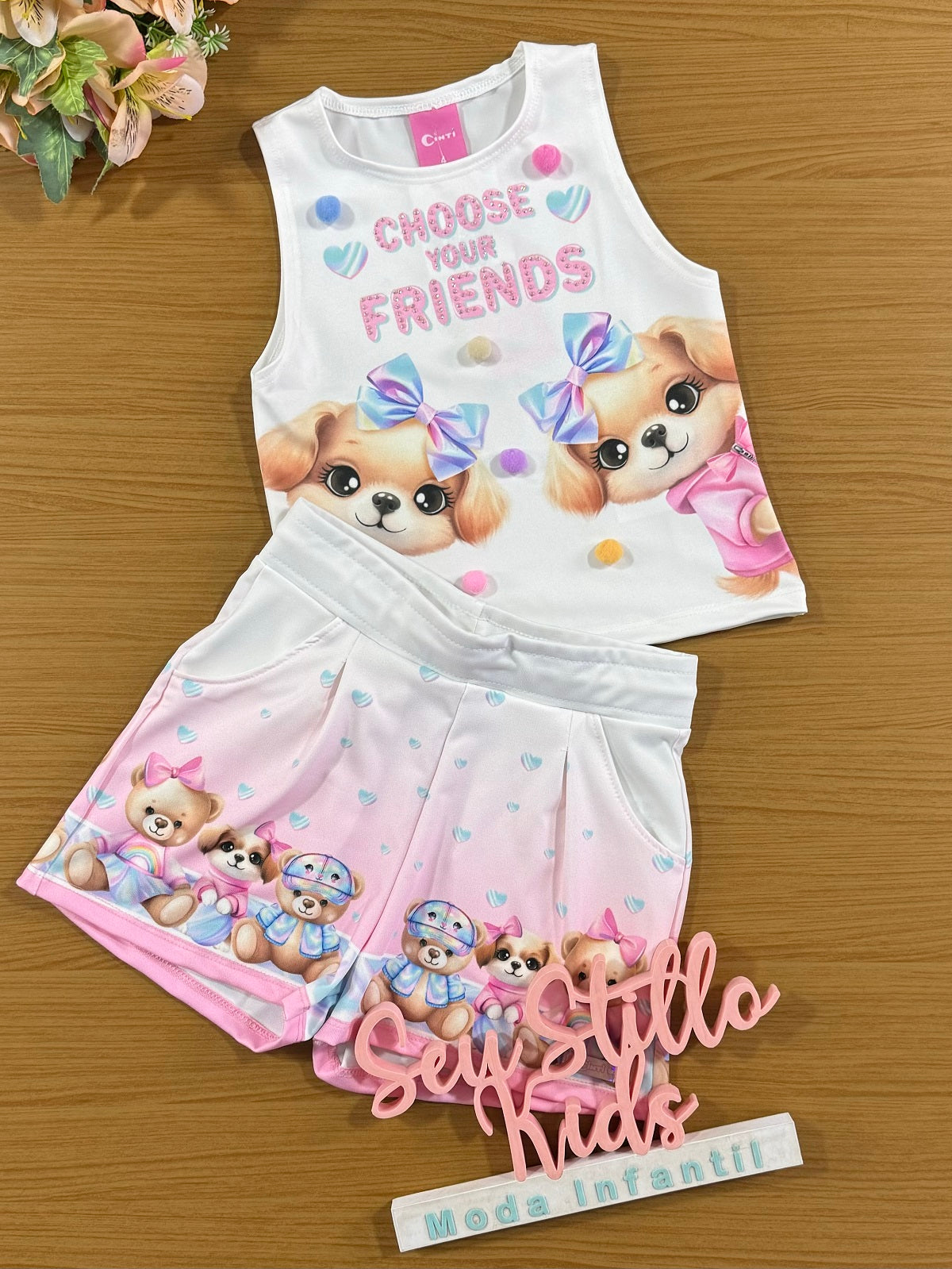Conjunto Infantil Cinti Verão Shorts e Blusa Cachorrinhas