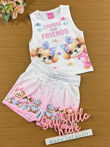 Conjunto Infantil Cinti Verão Shorts e Blusa Cachorrinhas