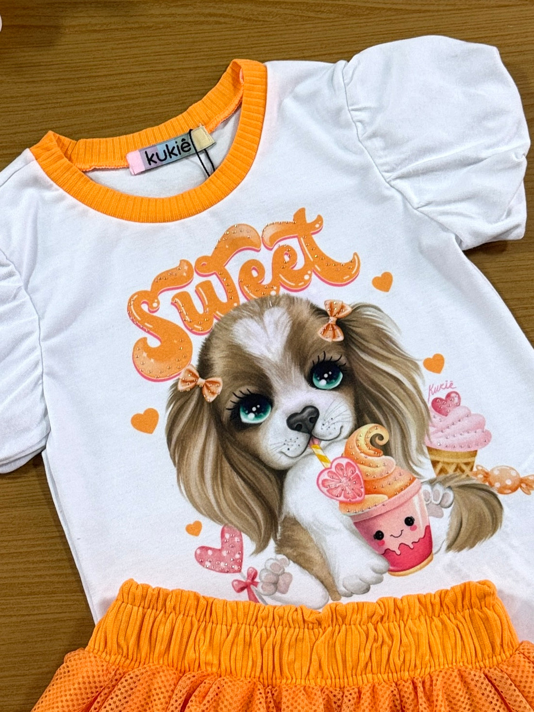 Conjunto Infantil Kukie Verão Saia Tela e Blusa Cachorrinha