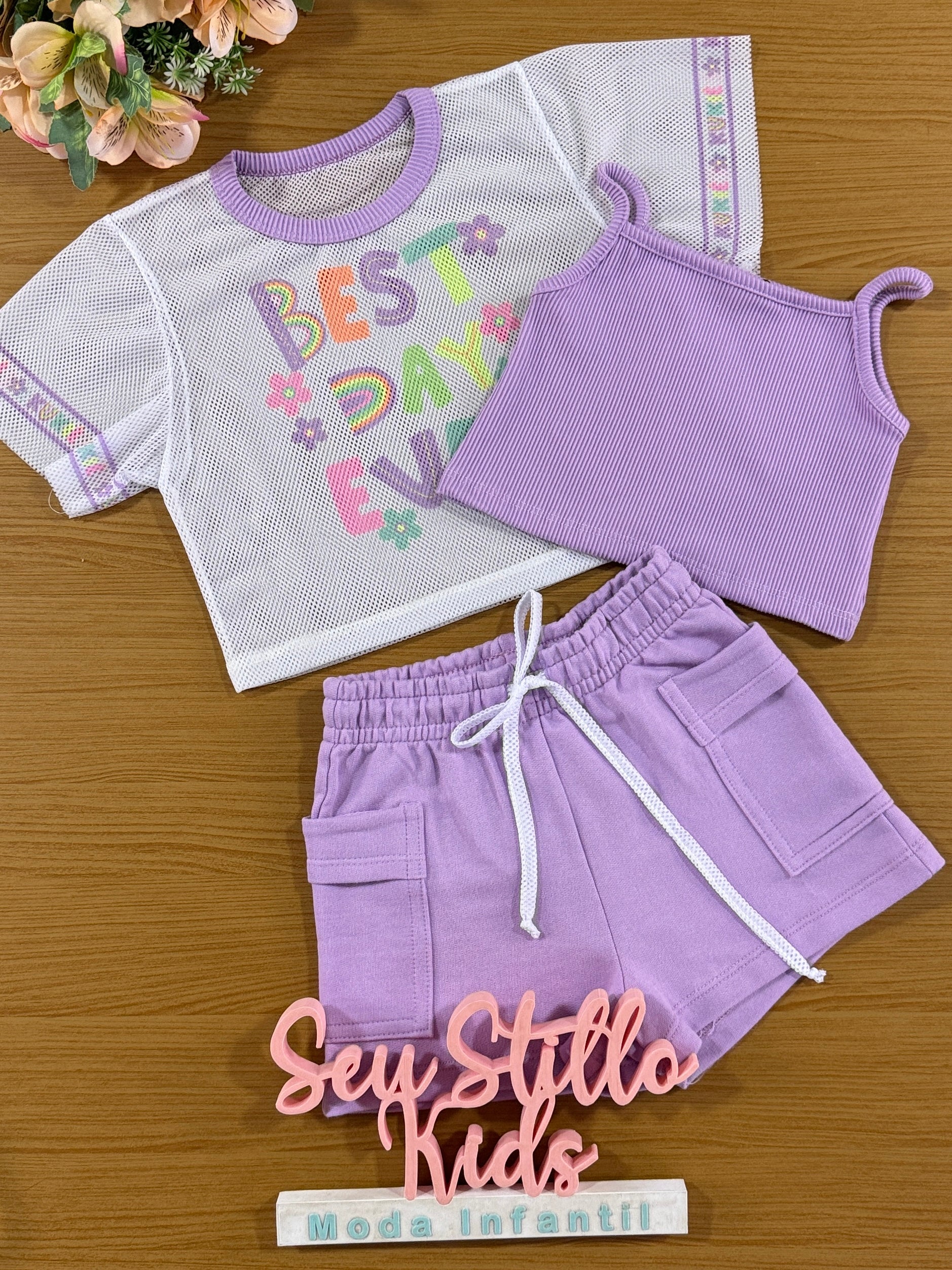 Conjunto Infantil Kukie Verão Shorts Lilás, Top e Sobreposição Best