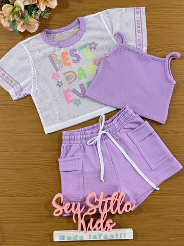 Conjunto Infantil Kukie Verão Shorts Lilás, Top e Sobreposição Best