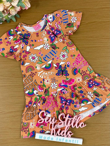 Vestido Infantil Momi Verão Manga Curta Caramelo Mundo Encantado