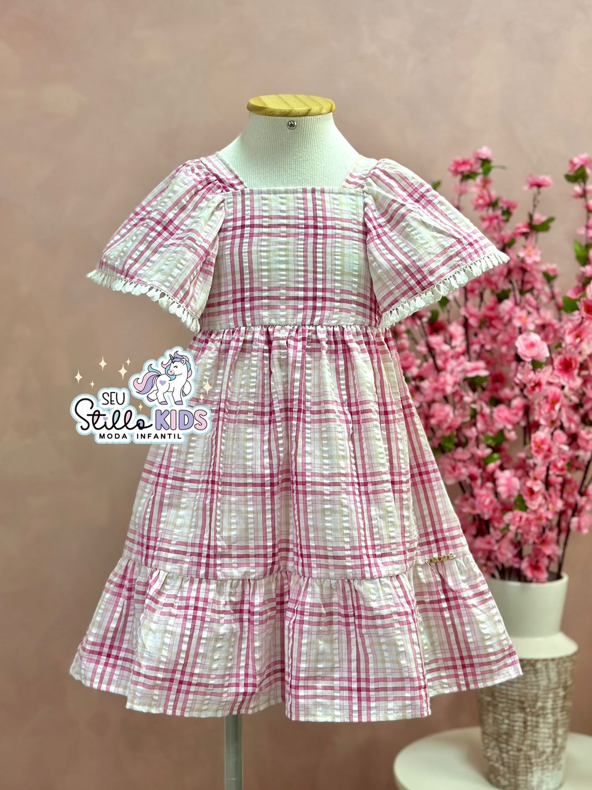 Vestido Infantil Momi Verão Xadrez Rosa