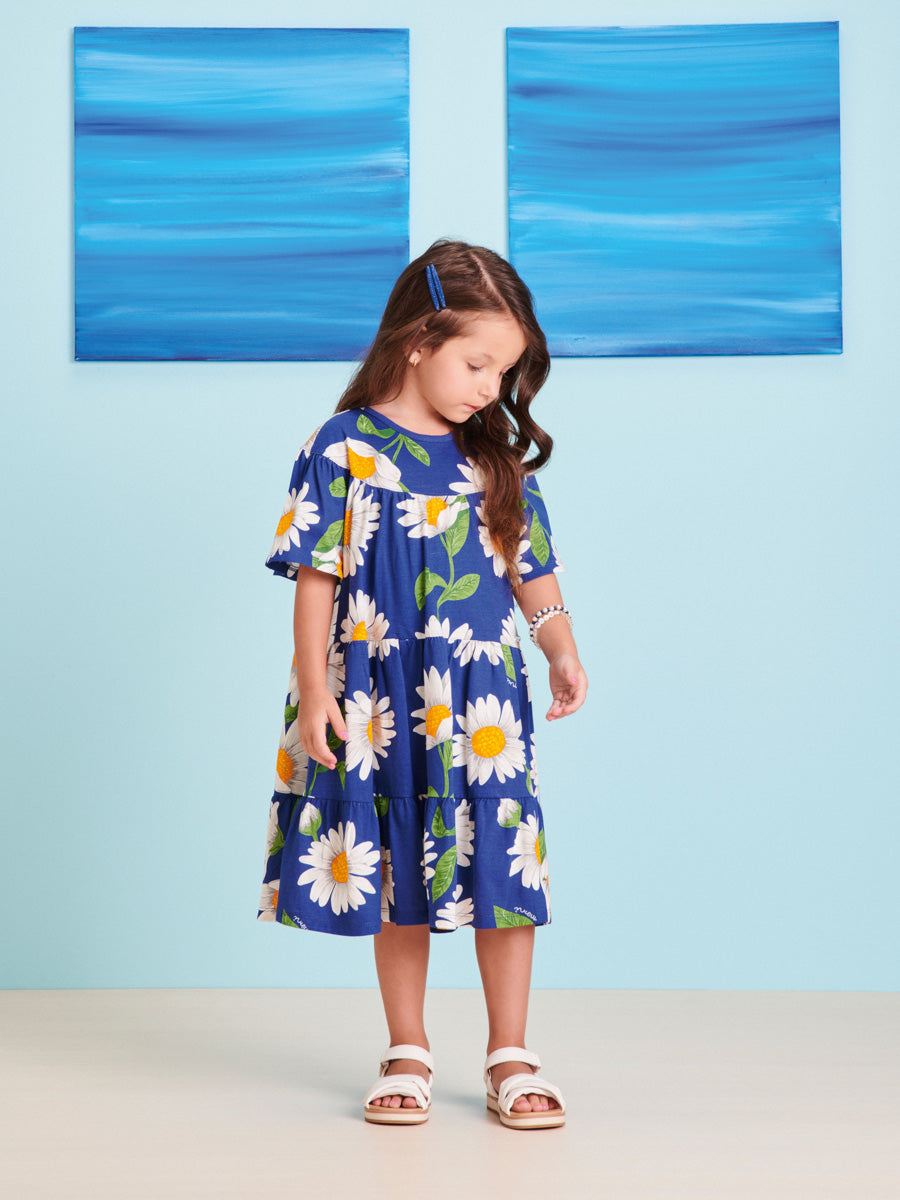 Vestido Infantil Momi Verão Manga Curta Azul Margarida