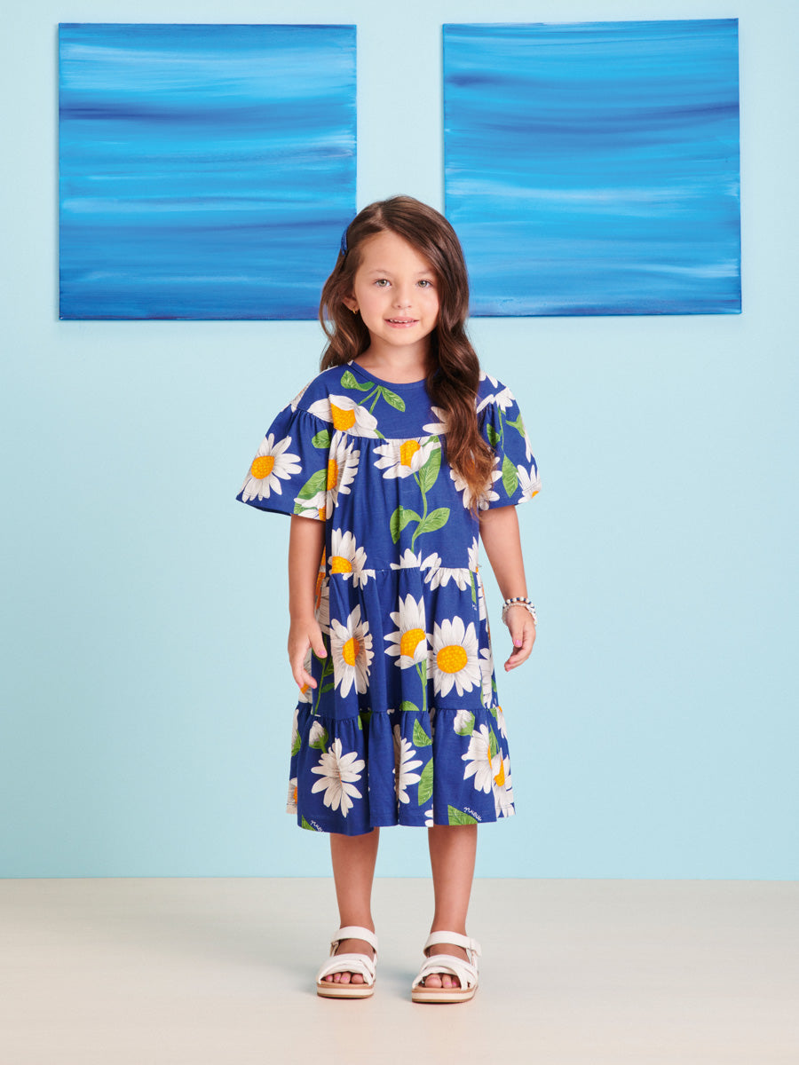 Vestido Infantil Momi Verão Manga Curta Azul Margarida
