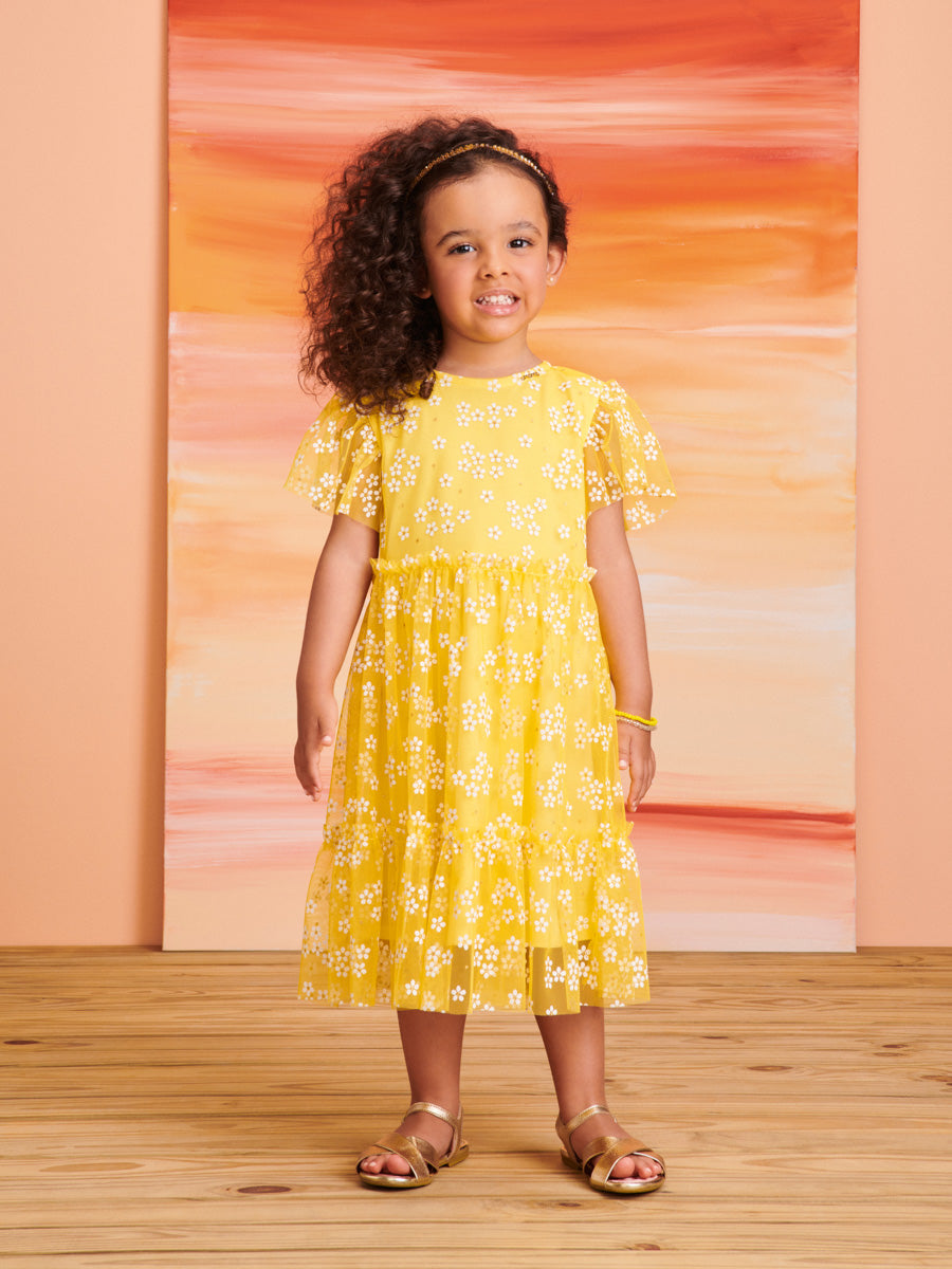 Vestido Infantil Momi Verão Manga Curta Amarelo Flores