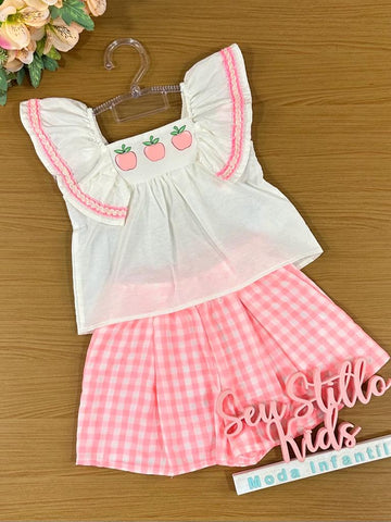 Conjunto Infantil Momi Verão Com Short e Cropped Maçãzinha