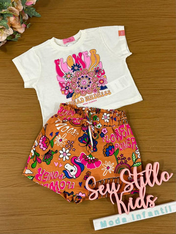 Conjunto Infantil Momi Verão Com Shorts Saia e Blusa Flowers